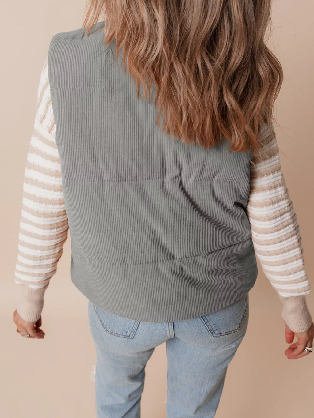 Corduroy Stand Neck Zipped Puffer Vest - Lilixa.store