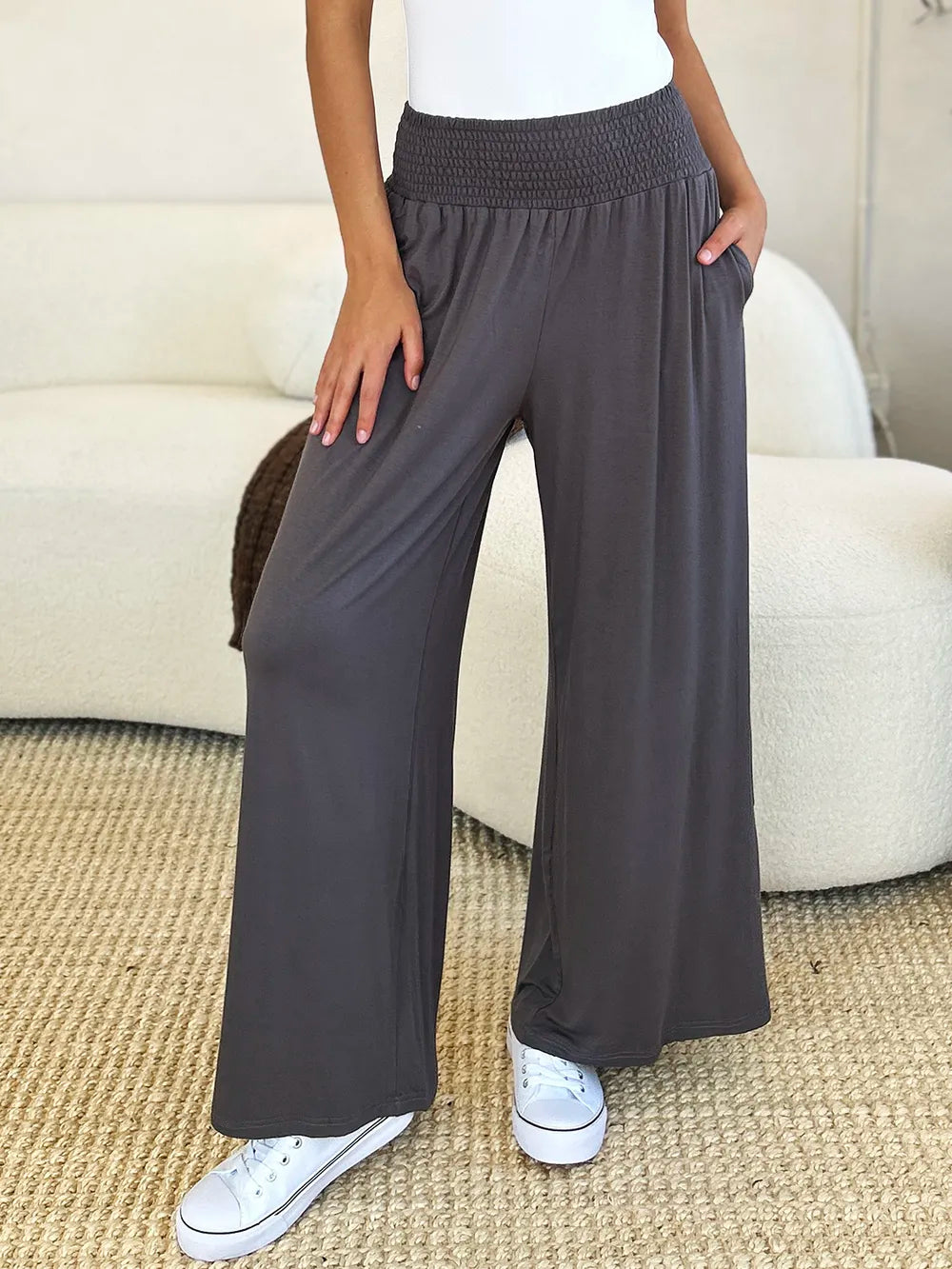 Basic Bae Full Size Smocked Wide Waistband Wide Leg Pants - Lilixa.store