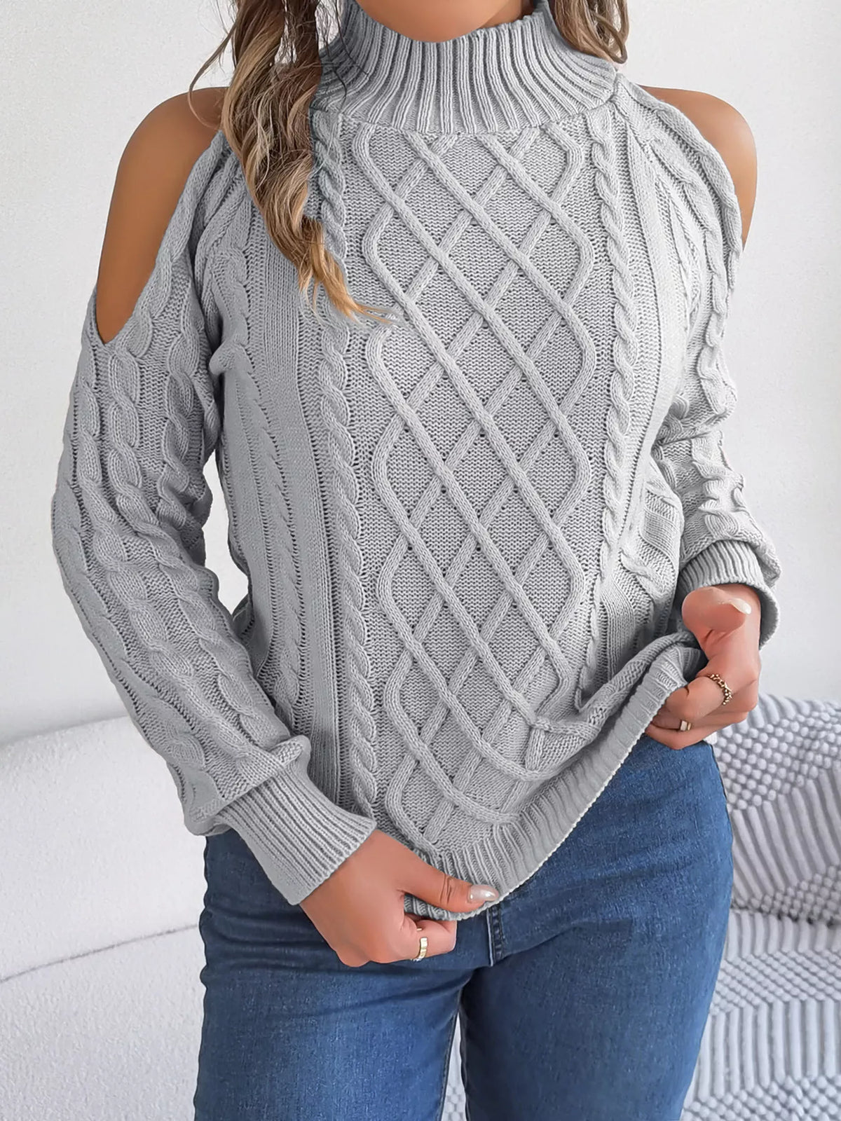 Cold-Shoulder Cable Knit Sweater in Gray