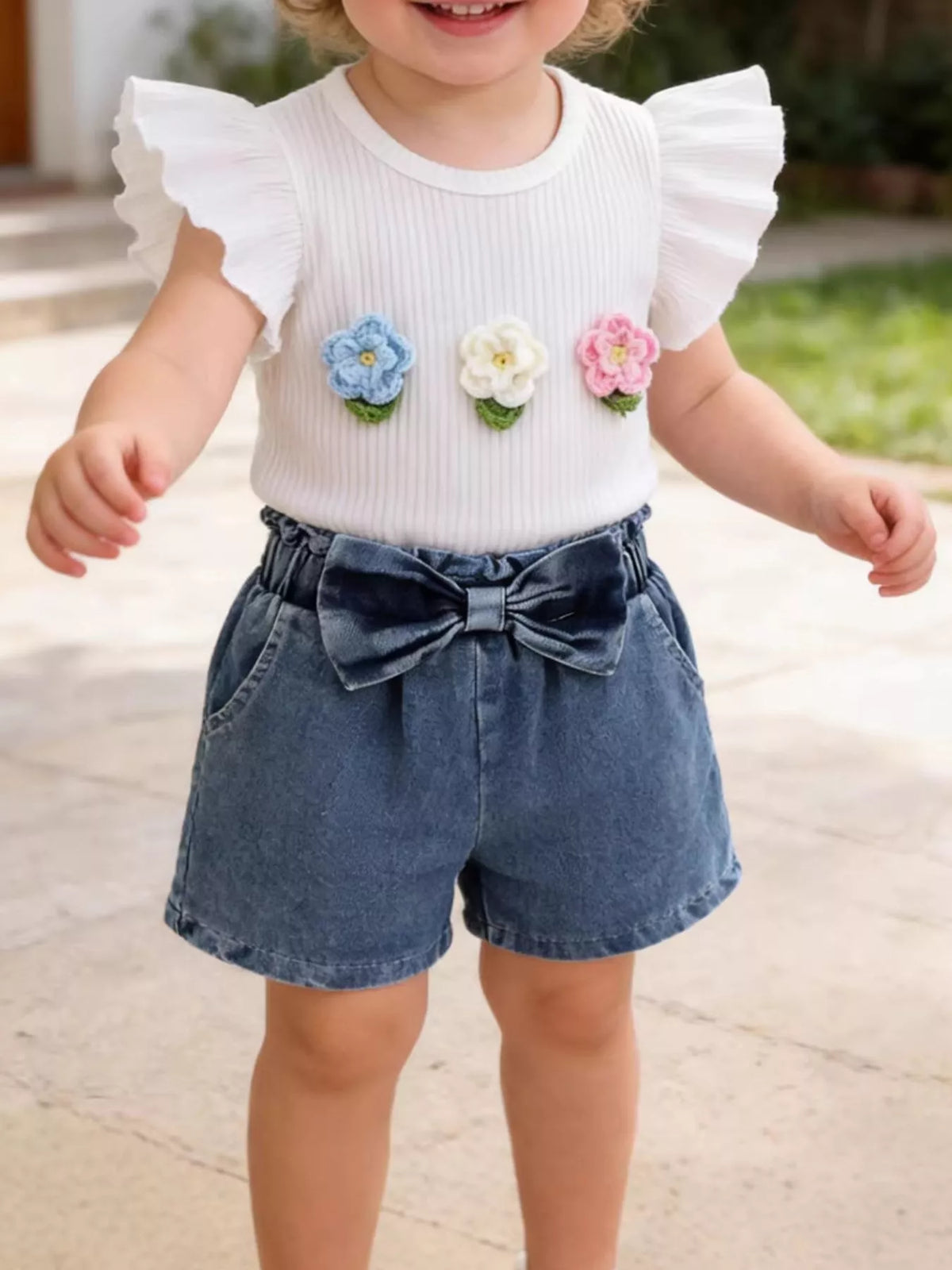 Children's Ruffled Flower Top and Denim Shorts Set - Lilixa.store