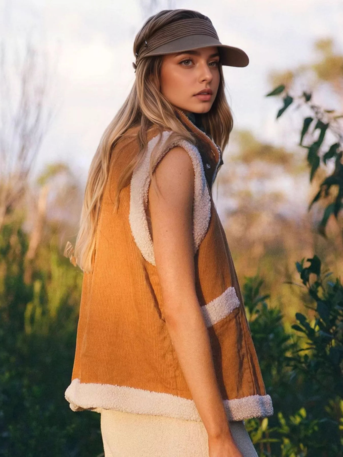 Button Up Sherpa Vest Coat in Terracotta, view 2