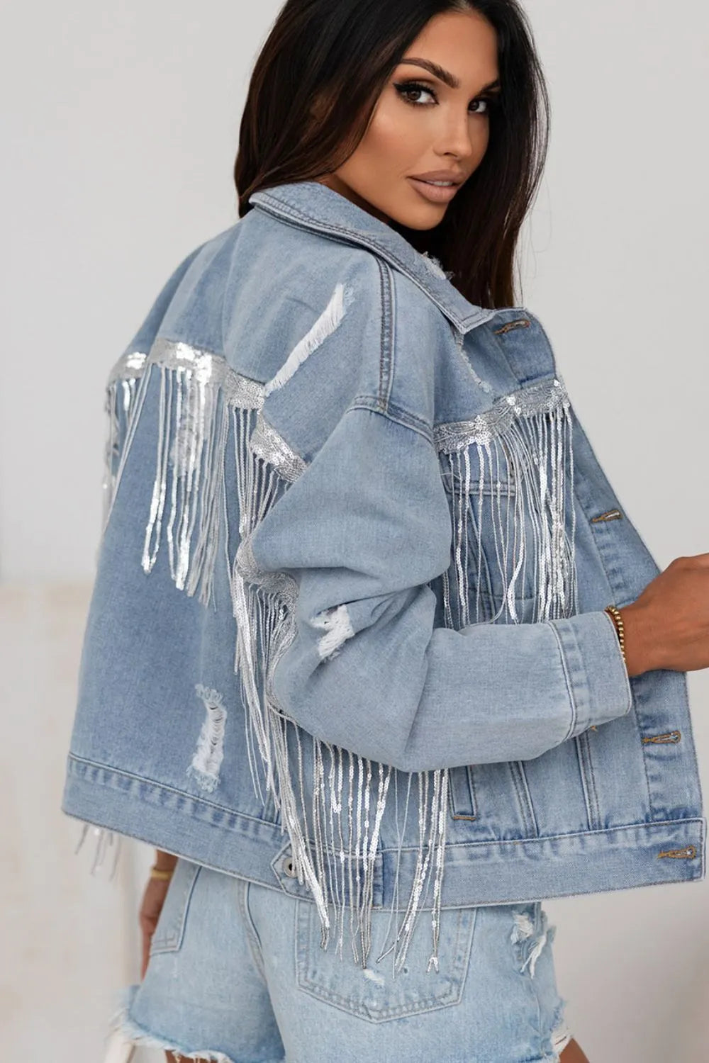Sequin Fringe Trim Distressed Button Up Denim Jacket, view 4