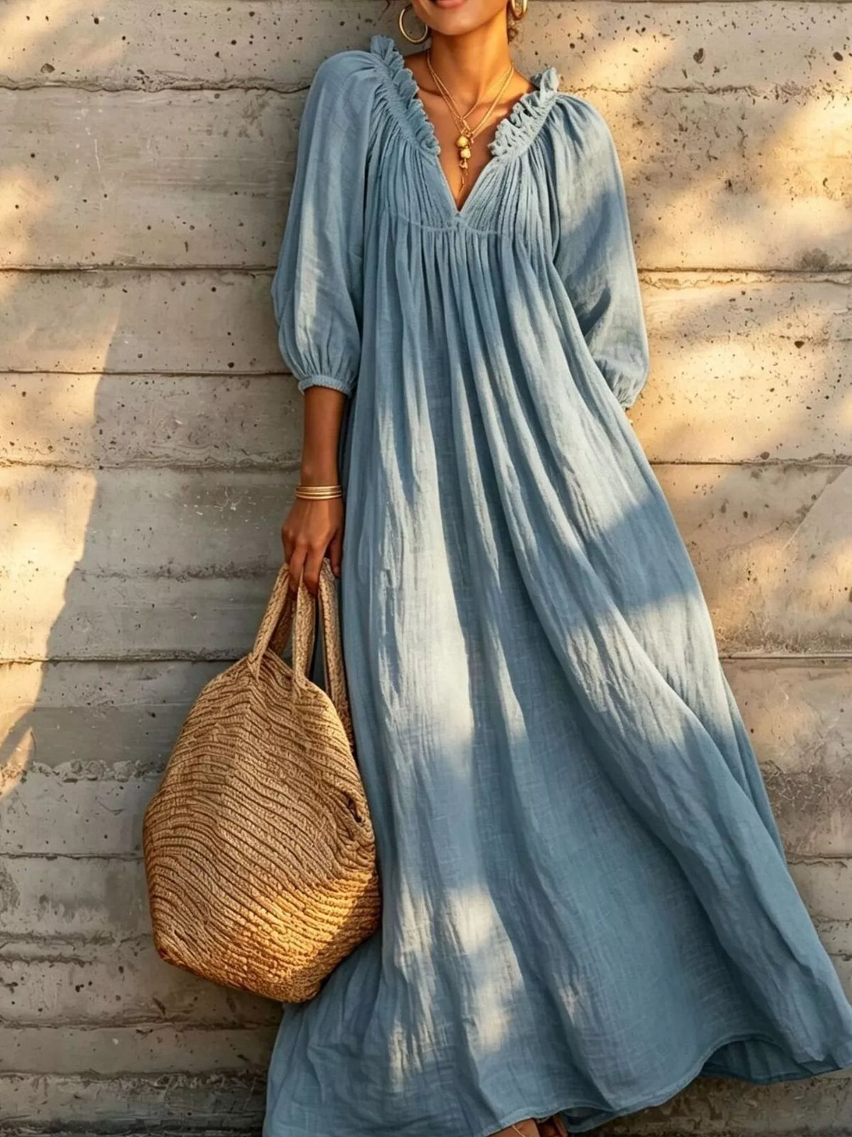Tiered Notched 3/4 Sleeve Maxi Dress - Lilixa.store