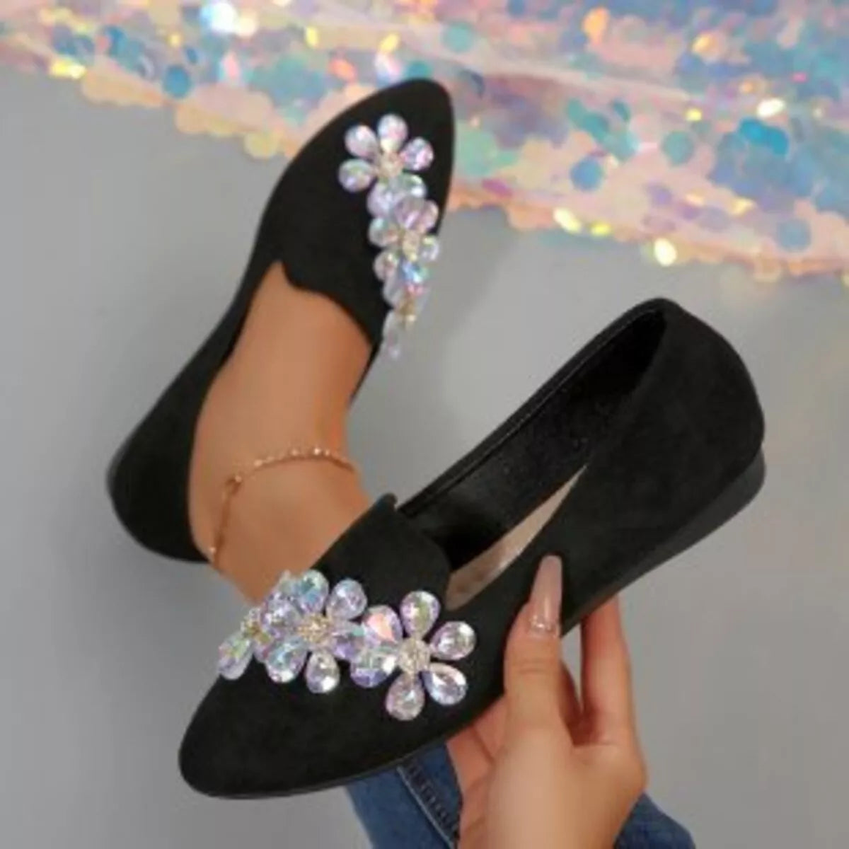 Rhinestone Point Toe Flats Slip-Ons in Black, view 5