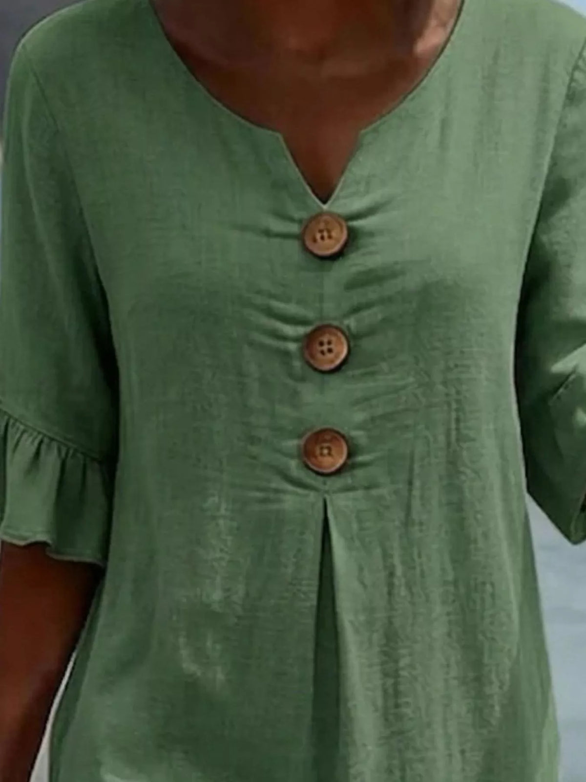 Full Size Decorative Button Ruffle Half Sleeve Dress Plus Size - Lilixa.store