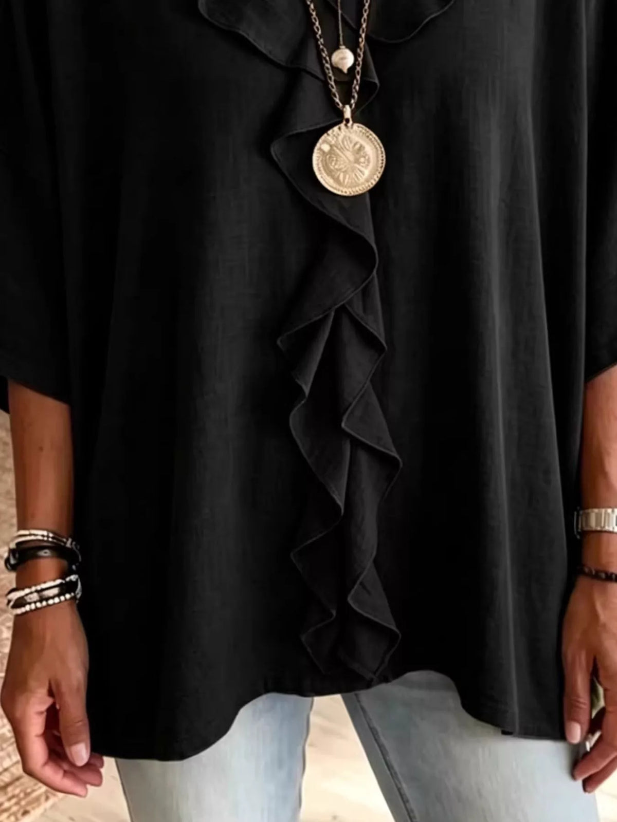 Full Size Ruffled V-Neck 3/4 Sleeve Blouse Plus Size, view 8