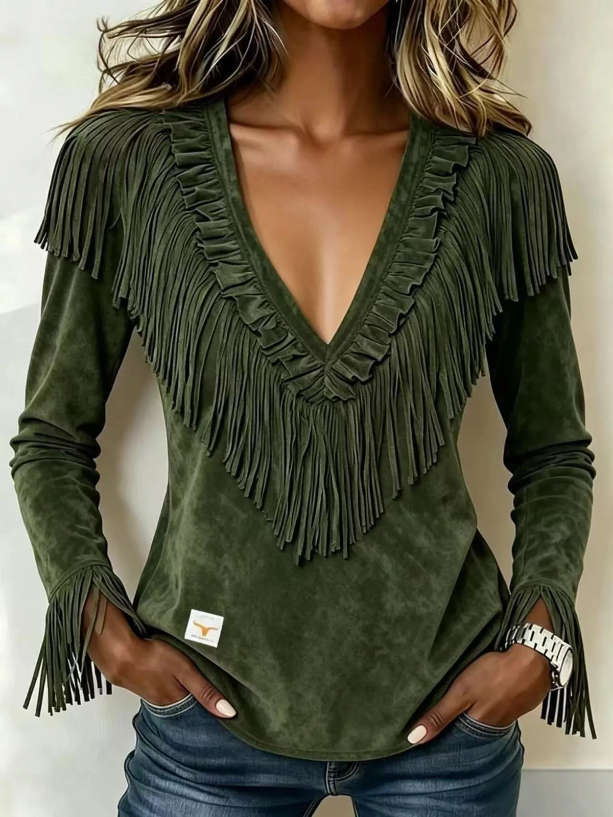 Fringed V-Neck Blouse