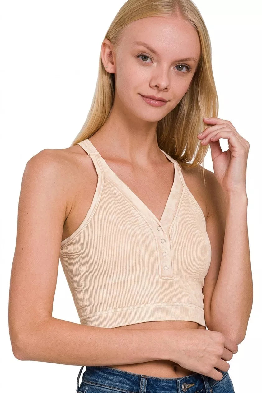 Zenana Washed Ribbed Seamless Button V-neck Tank Top - Lilixa.store
