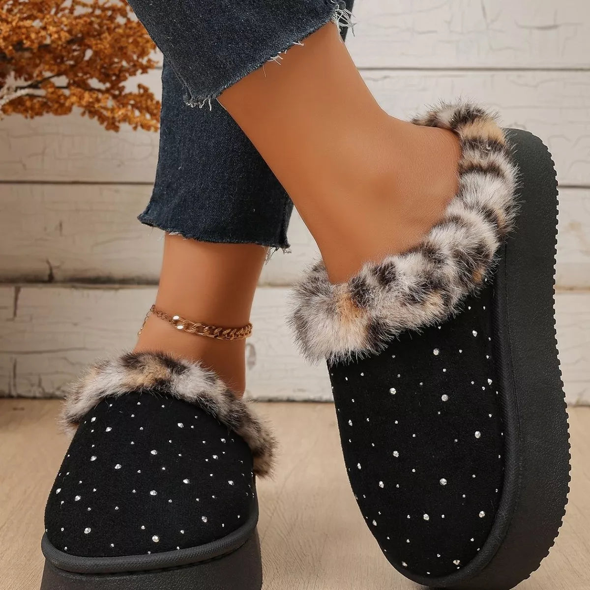 Rhinestone Faux Fur Platform Slippers - Lilixa.store