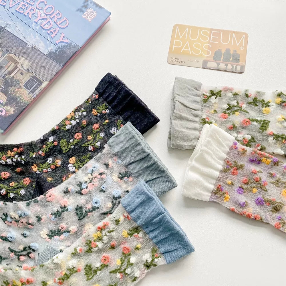Floral Sheer Crew Socks 5 Pair Set