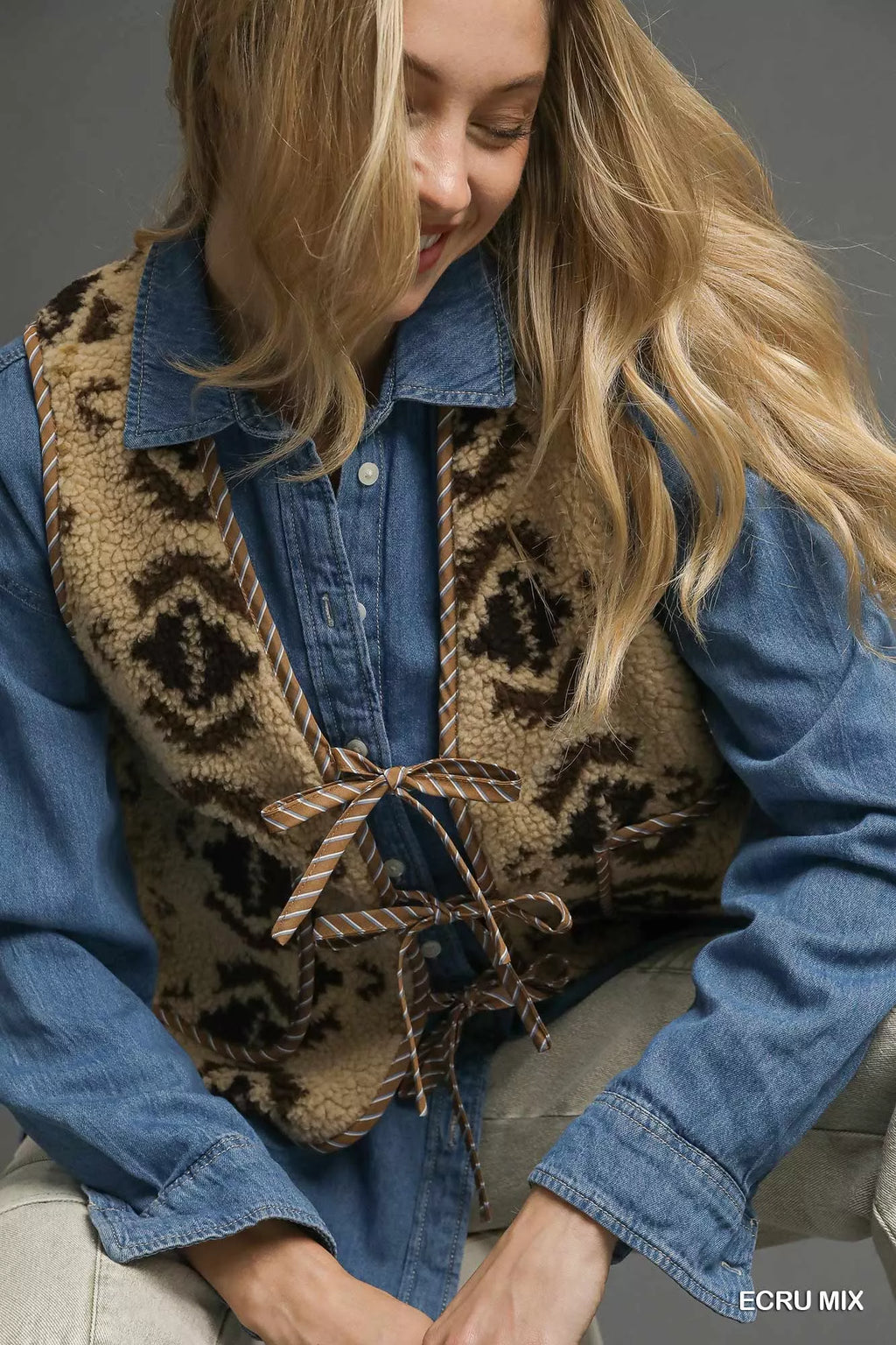 Umgee Mix Patterned Sherpa Tie-Front Vest - Lilixa.store