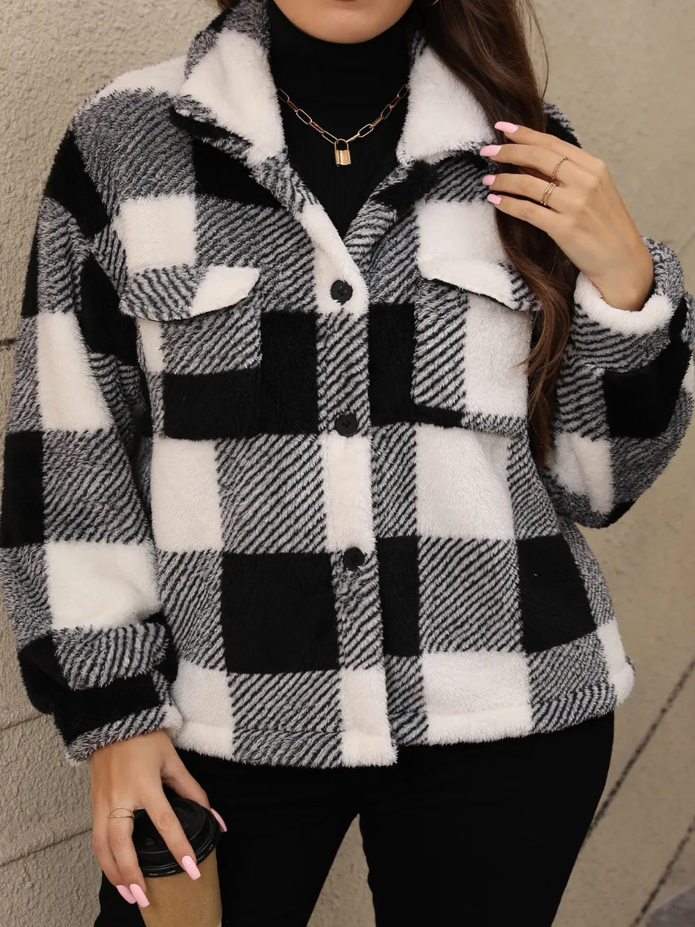 Plus Size Pocketed Plaid Collared Neck Jacket in Black, view 6