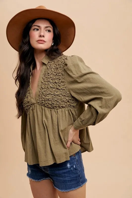 Annie Wear Smocked Front Long Sleeve Babydoll Blouse in Olive, view 6