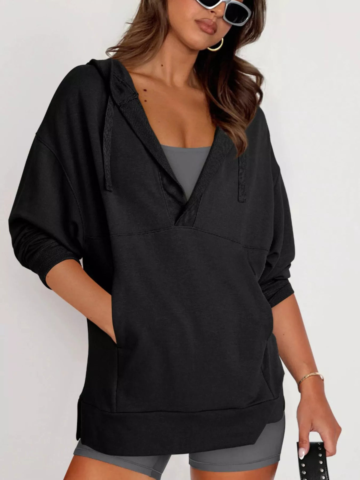 Drawstring Kangaroo Pocket Long Sleeve Hoodie - Lilixa.store