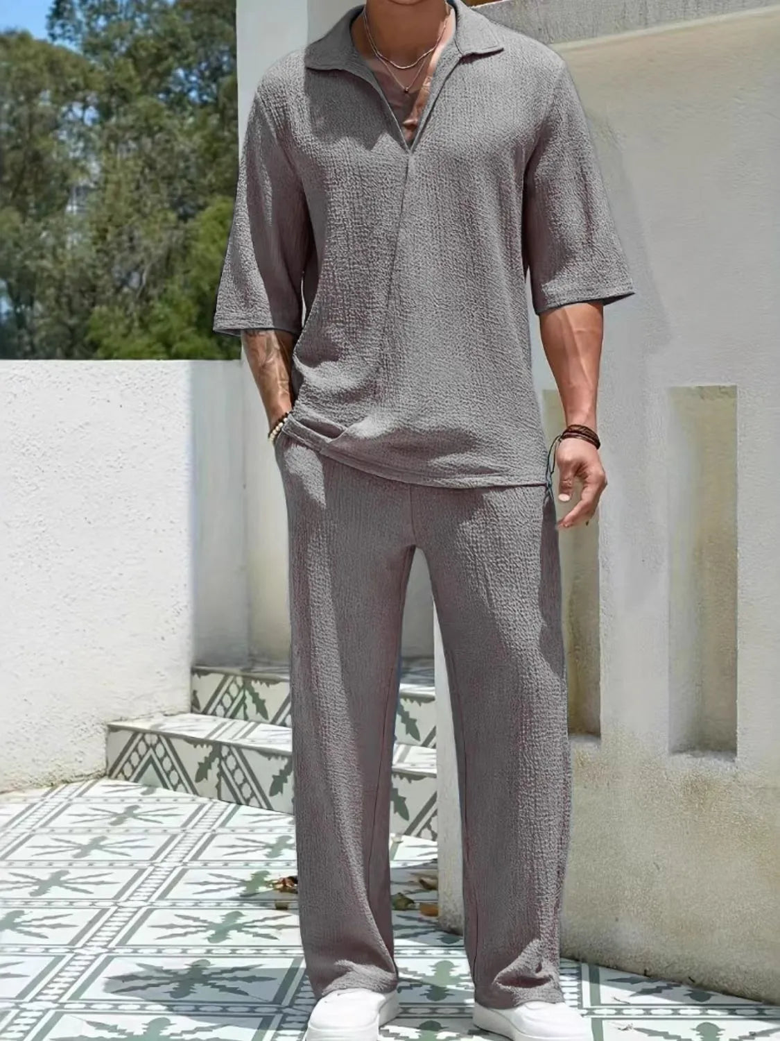 Men's Johnny Collar Half Sleeve Top and Pants Set in Dark Gray