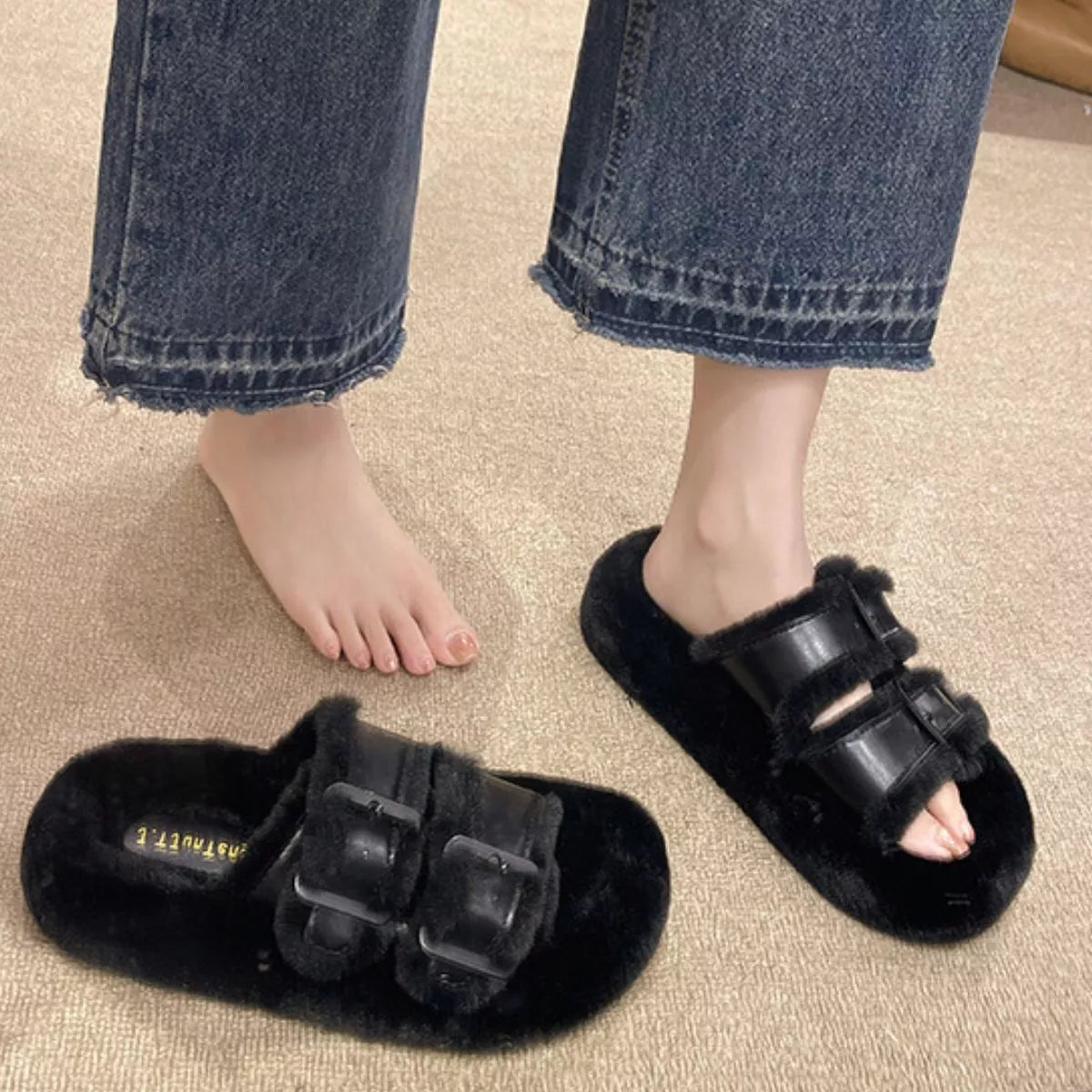 Fuzzy Buckle Detail Slippers - Lilixa.store