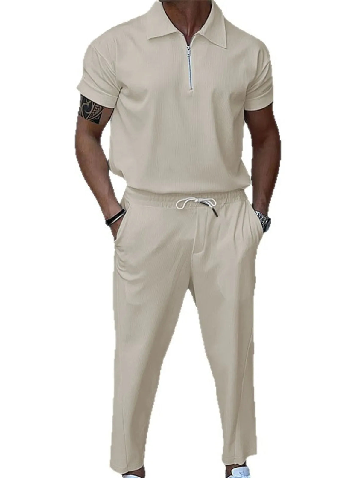 Men's Full Size Quarter Zip Short Sleeve Polo and Pants Set Plus Size, view 7