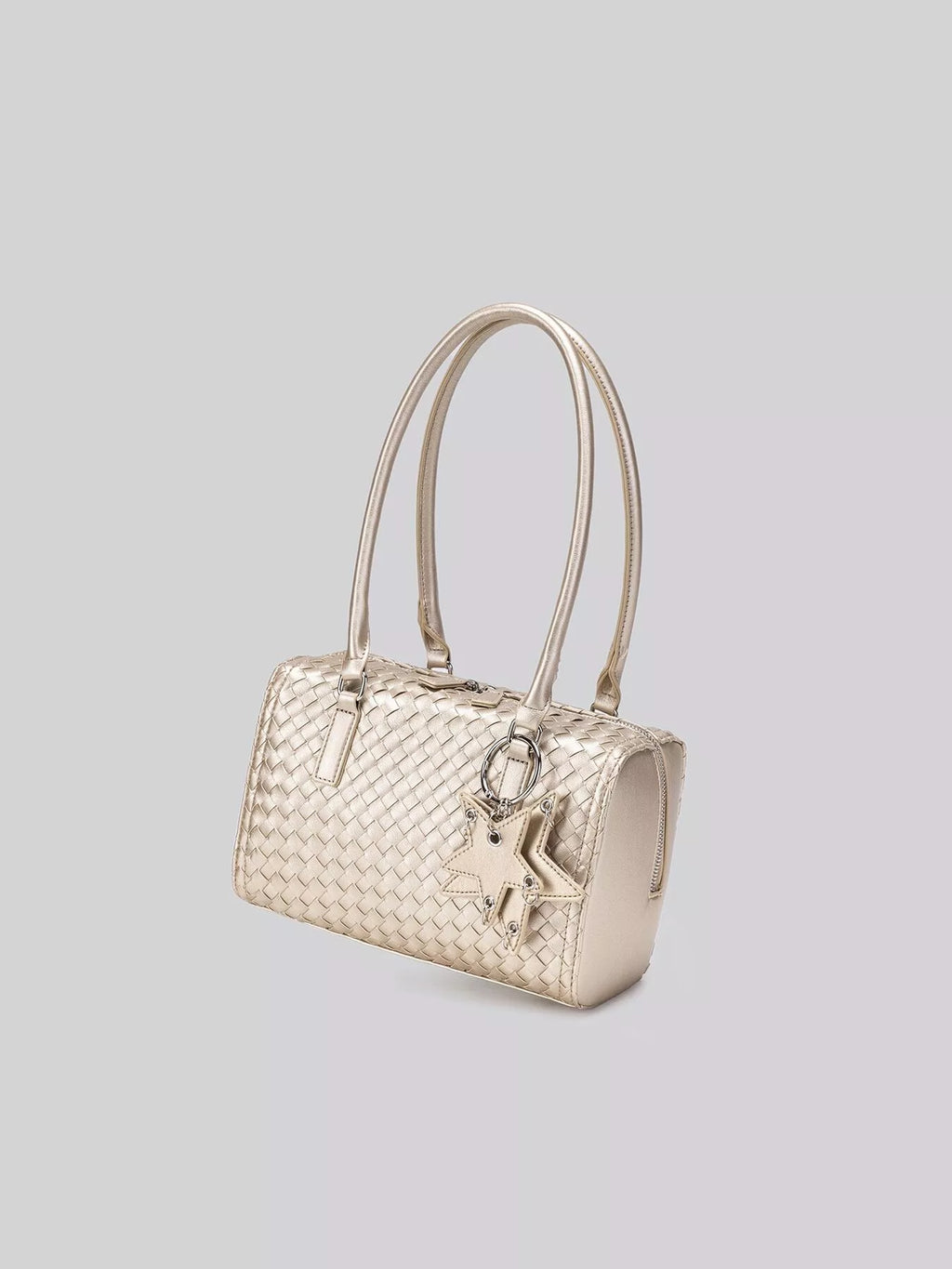 Metallic Woven Texture Shoulder Bag with Star Charm in Champagne, view 8