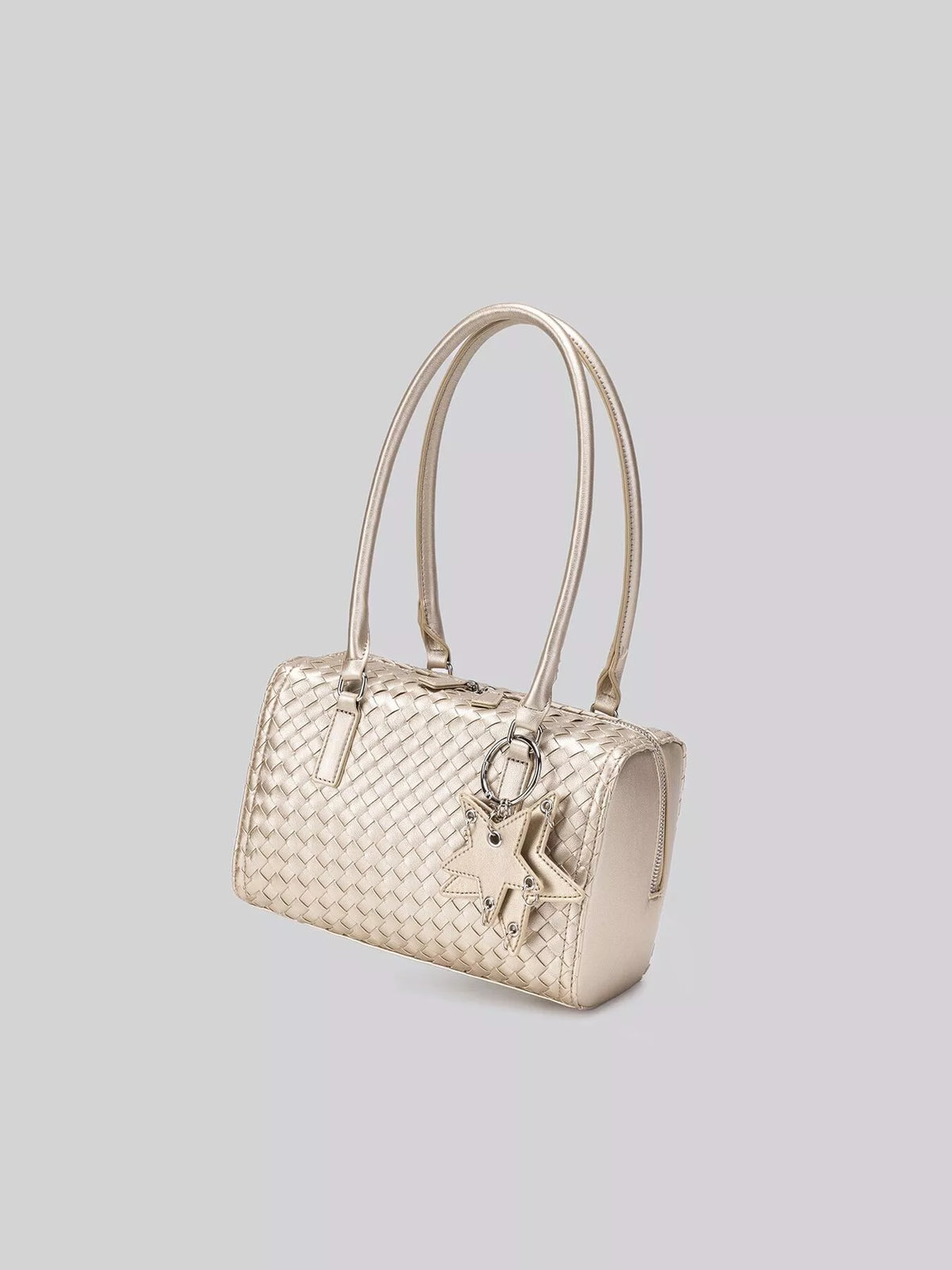 Metallic Woven Texture Shoulder Bag with Star Charm in Champagne, view 8