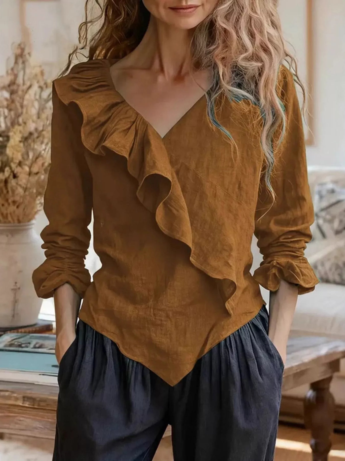 V-Neck Ruffled Long Sleeve Blouse - Lilixa.store