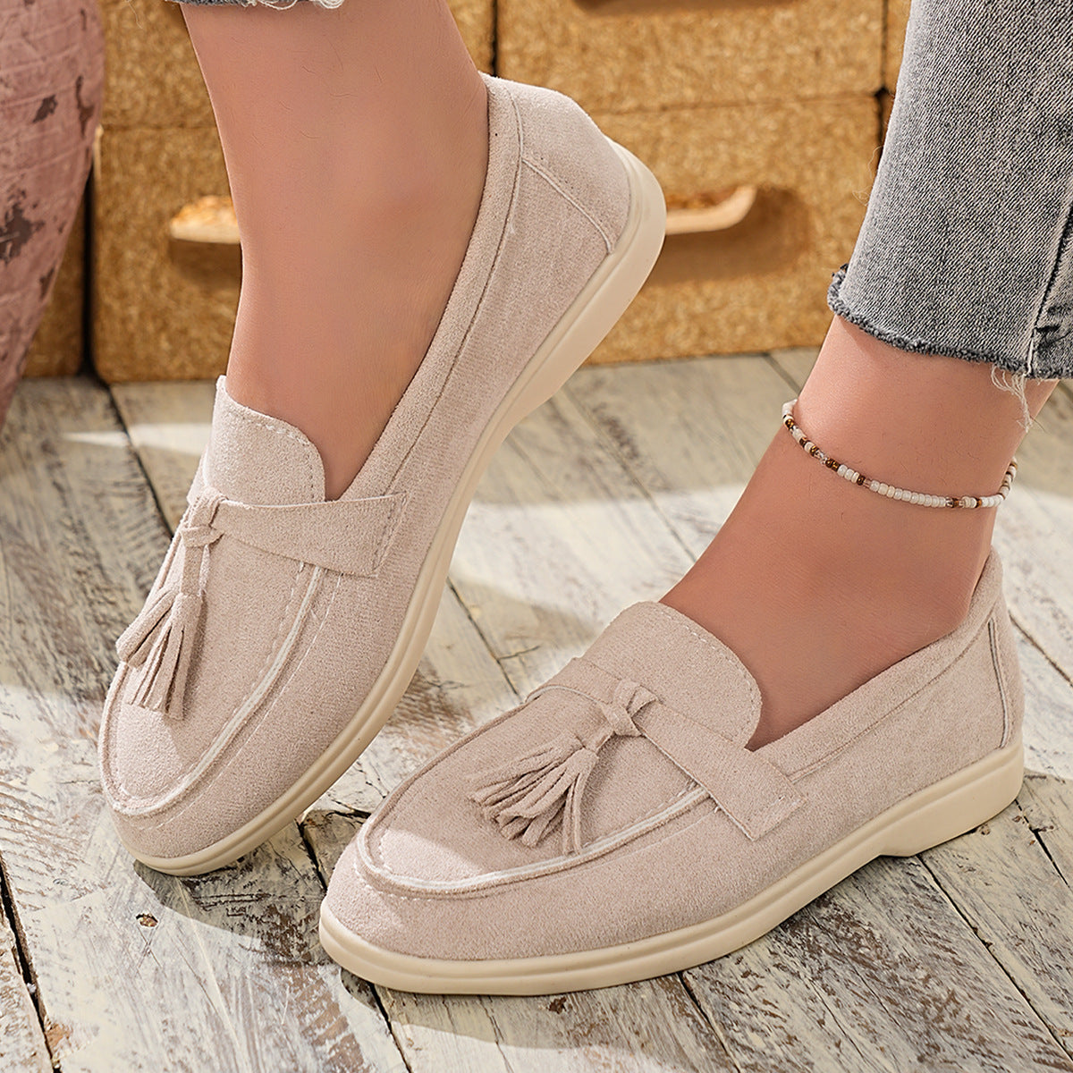 Tassel Round Toe Slip-Ons in Beige