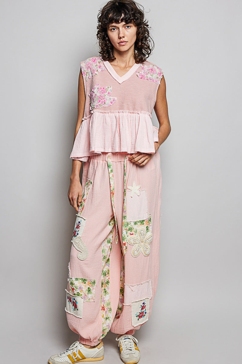 POL Floral Patch Ruffled Sleeveless Top with Raw Edge Detail - Lilixa.store