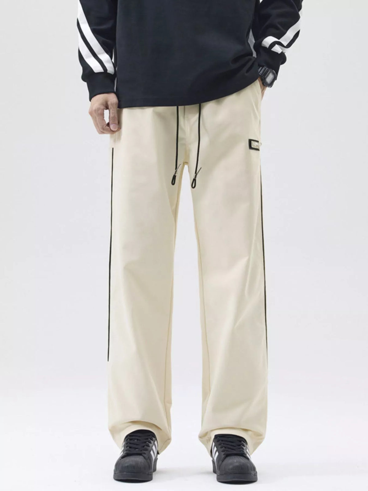 Men's Full Size Side Striped Wide Leg Casual Pants Plus Size in Beige Color