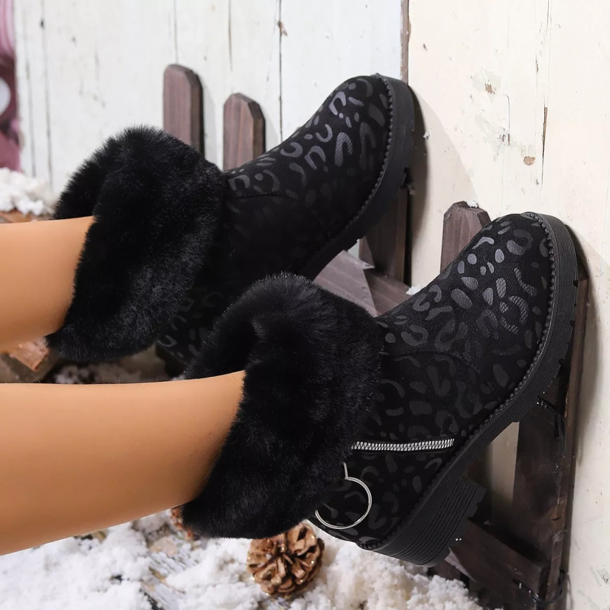 Fuzzy Cuff Leopard Print Ankle Boots - Lilixa.store