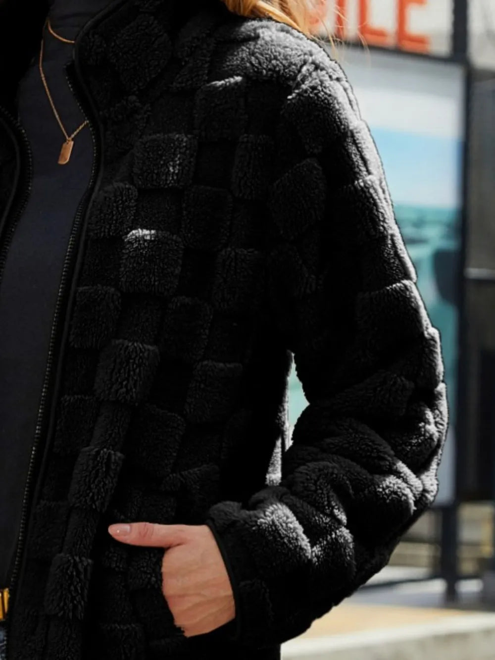 Fuzzy Checkered Zip Up Jacket, view 5