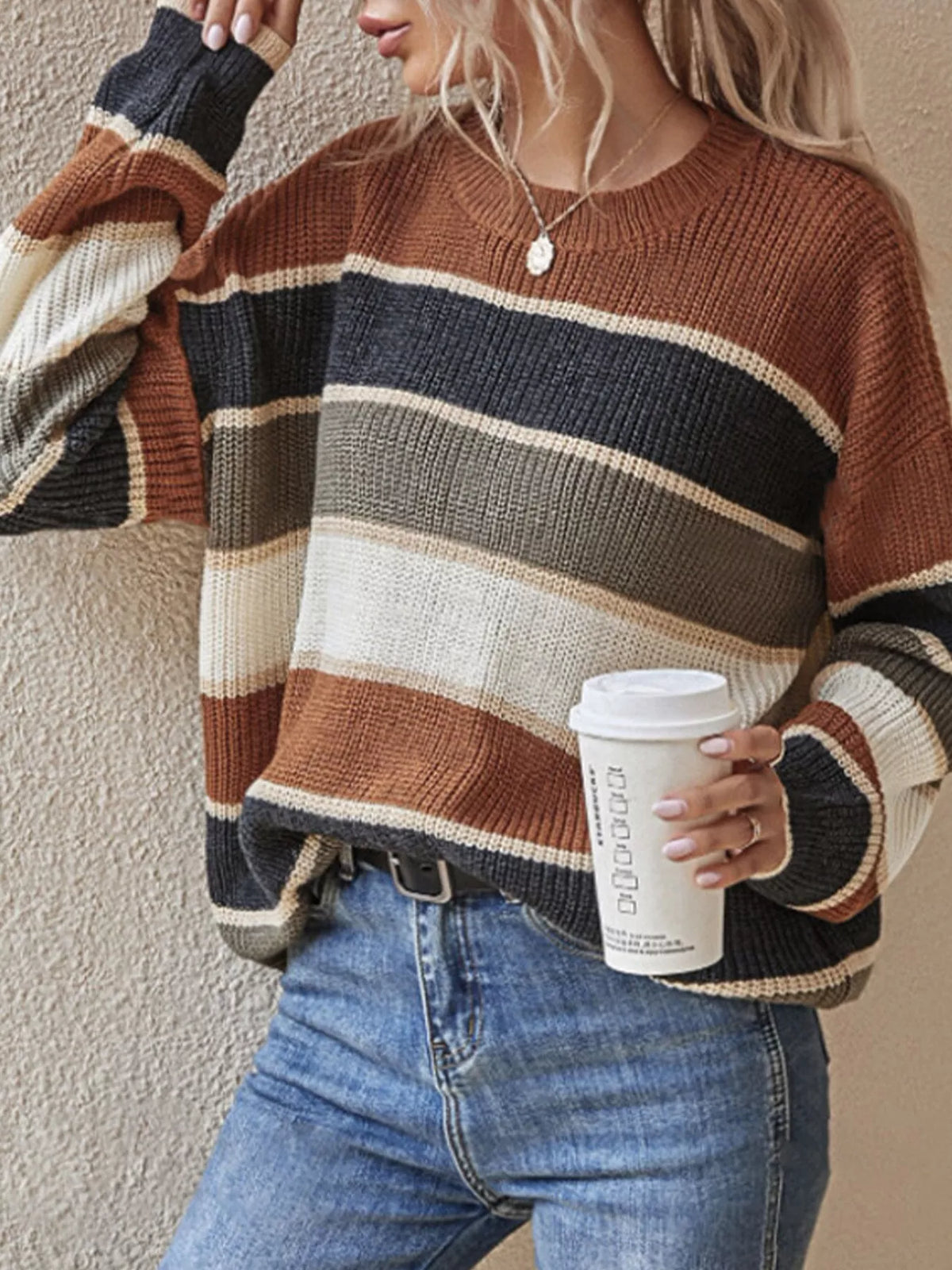 Color Block Striped Crew Neck Sweater