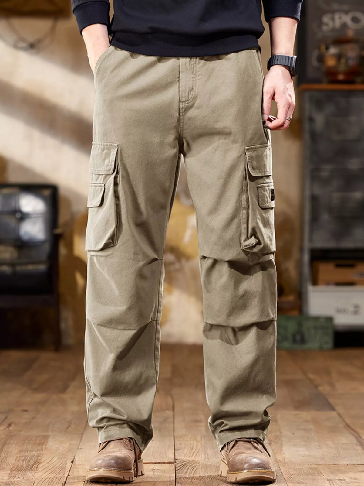 Men's Full Size Elastic Waist Cargo Pants Plus Size in Khaki