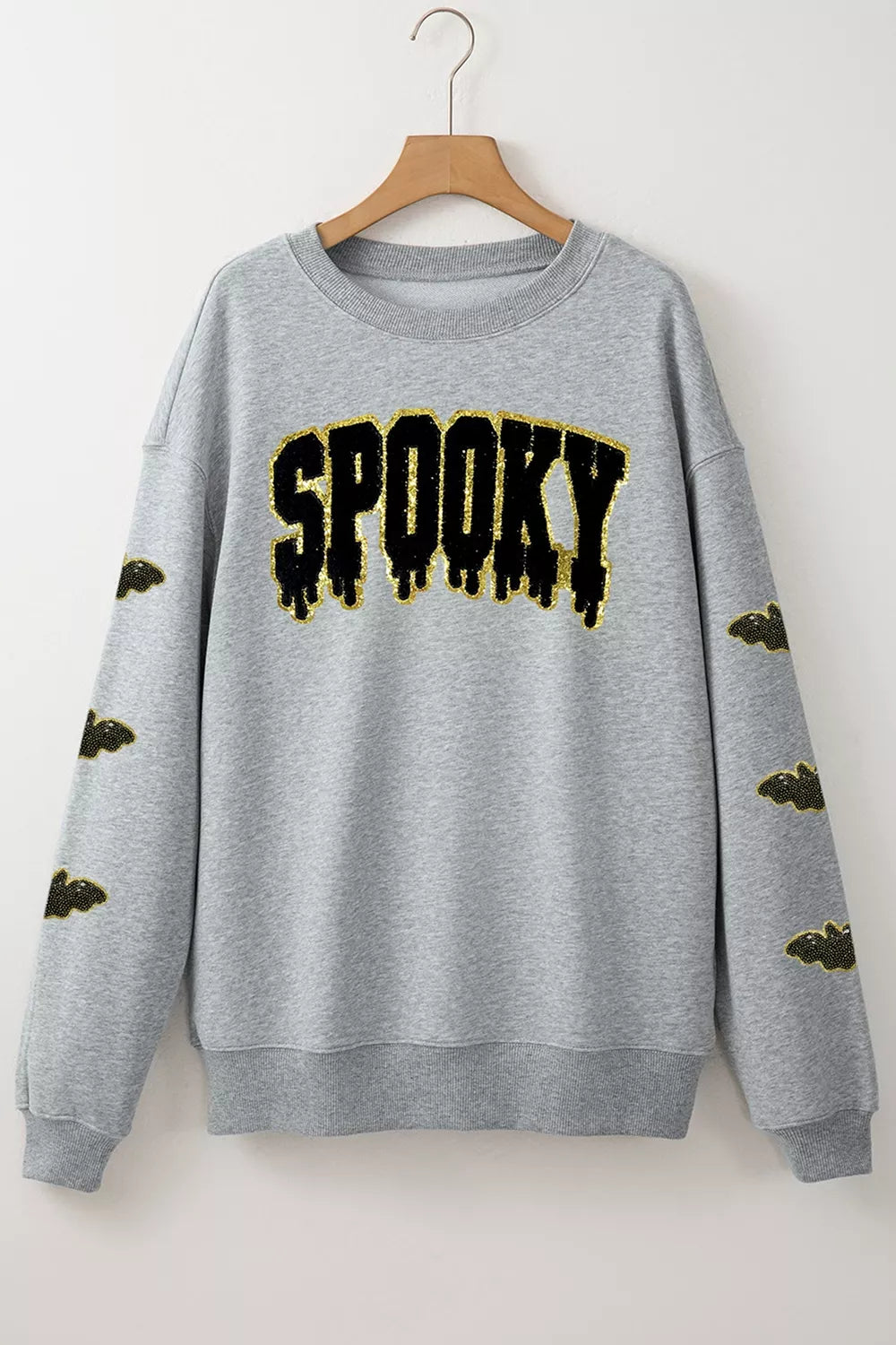 Sequin SPOOKY Halloween Bat Embellished Sleeve Pullover Sweatshirt - Lilixa.store