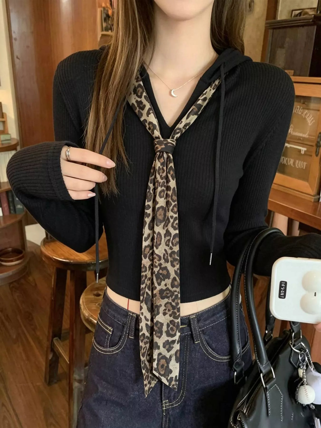 Long Sleeve Hooded T-Shirt with Leopard Scarf Detail - Lilixa.store