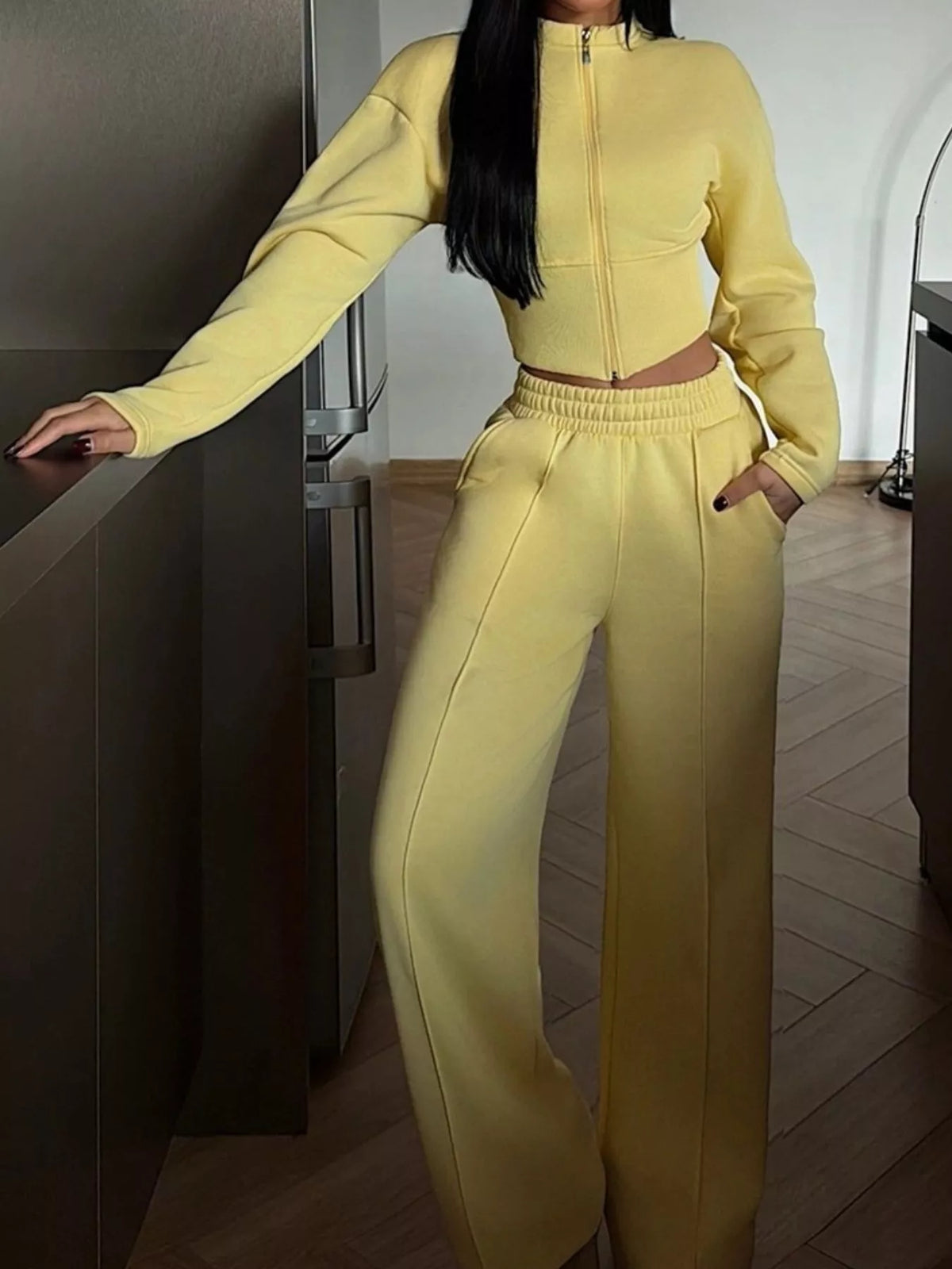 Zip-Up Crop Jacket and Wide-Leg Pants Set - Lilixa.store