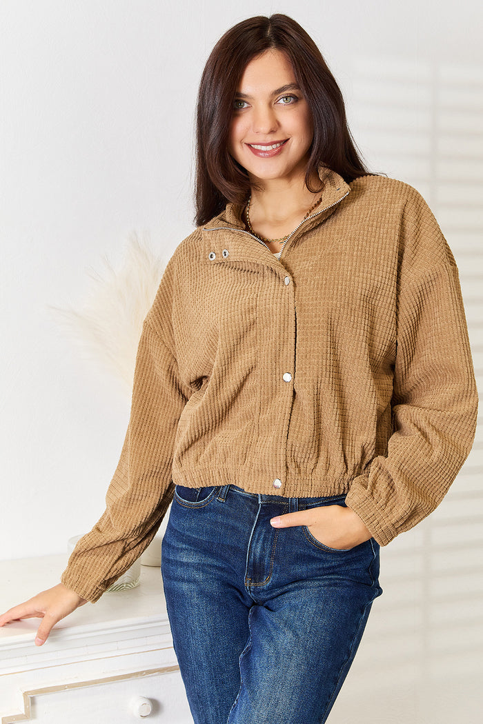 Perfee Long Sleeve Dropped Shoulder Jacket in Camel