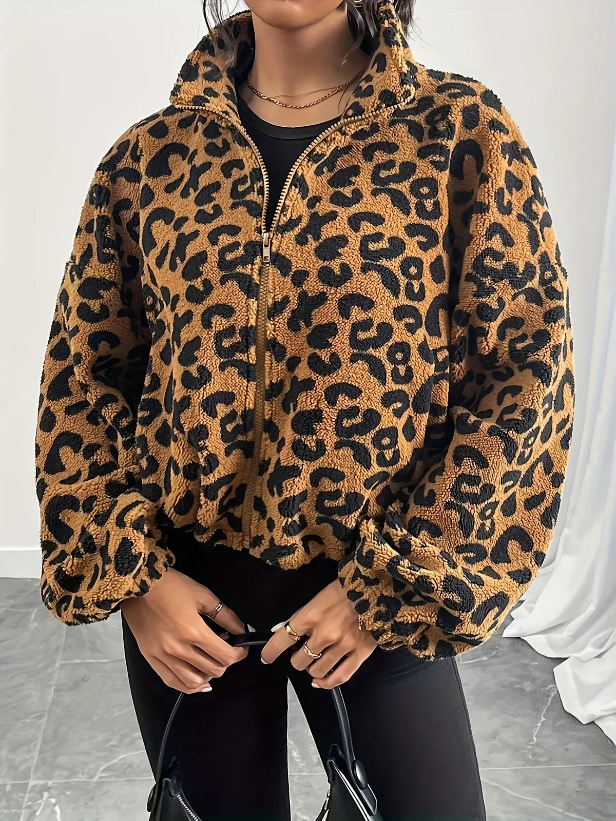 Leopard Fleece Zip-Up Jacket in Khaki, view 4