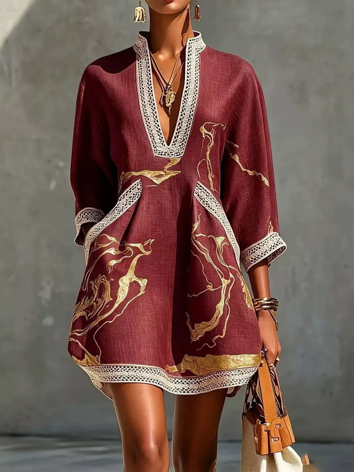 Notched 3/4 Sleeve Mini Dress in Burgundy