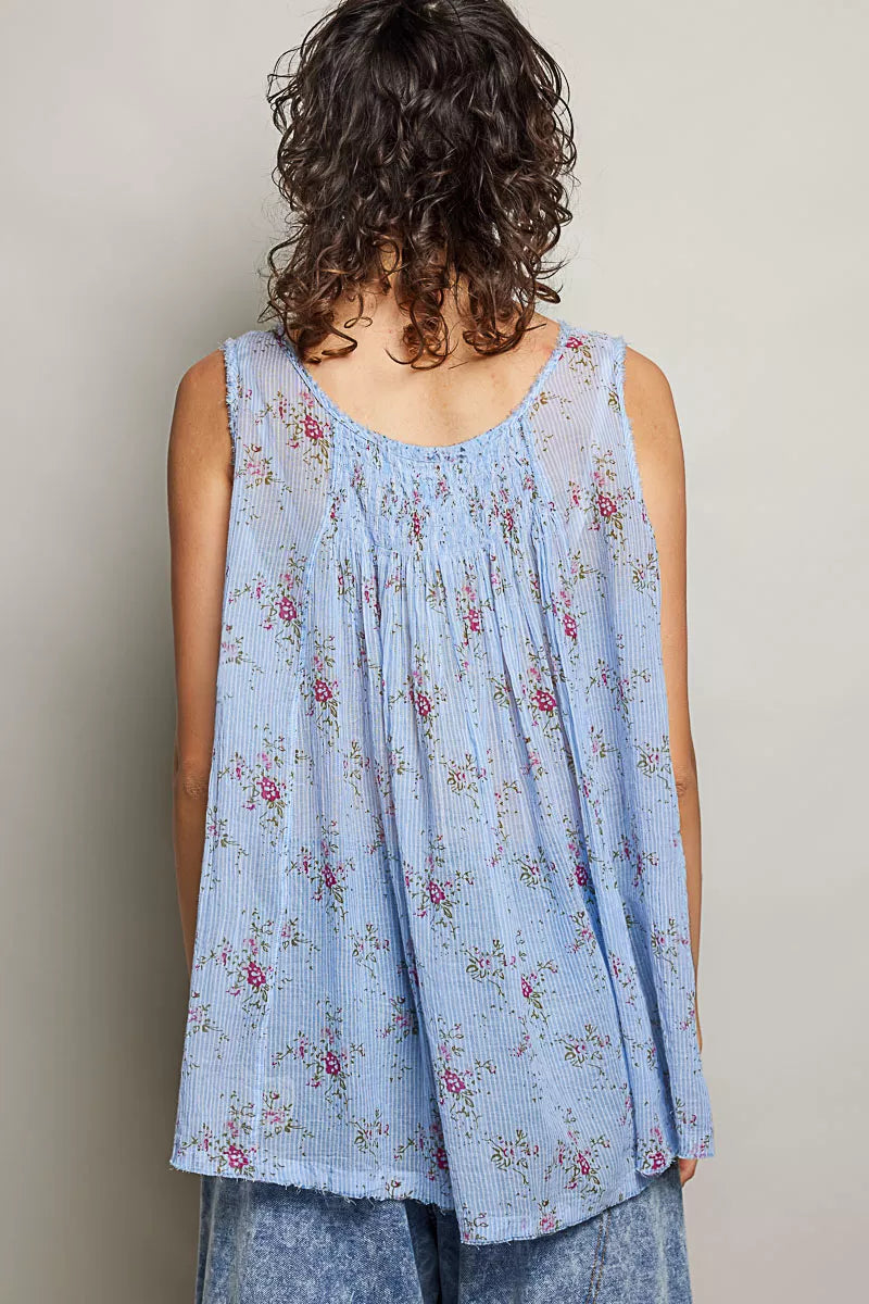POL Round Neck Sleeveless Floral Pleated Cotton Top - Lilixa.store