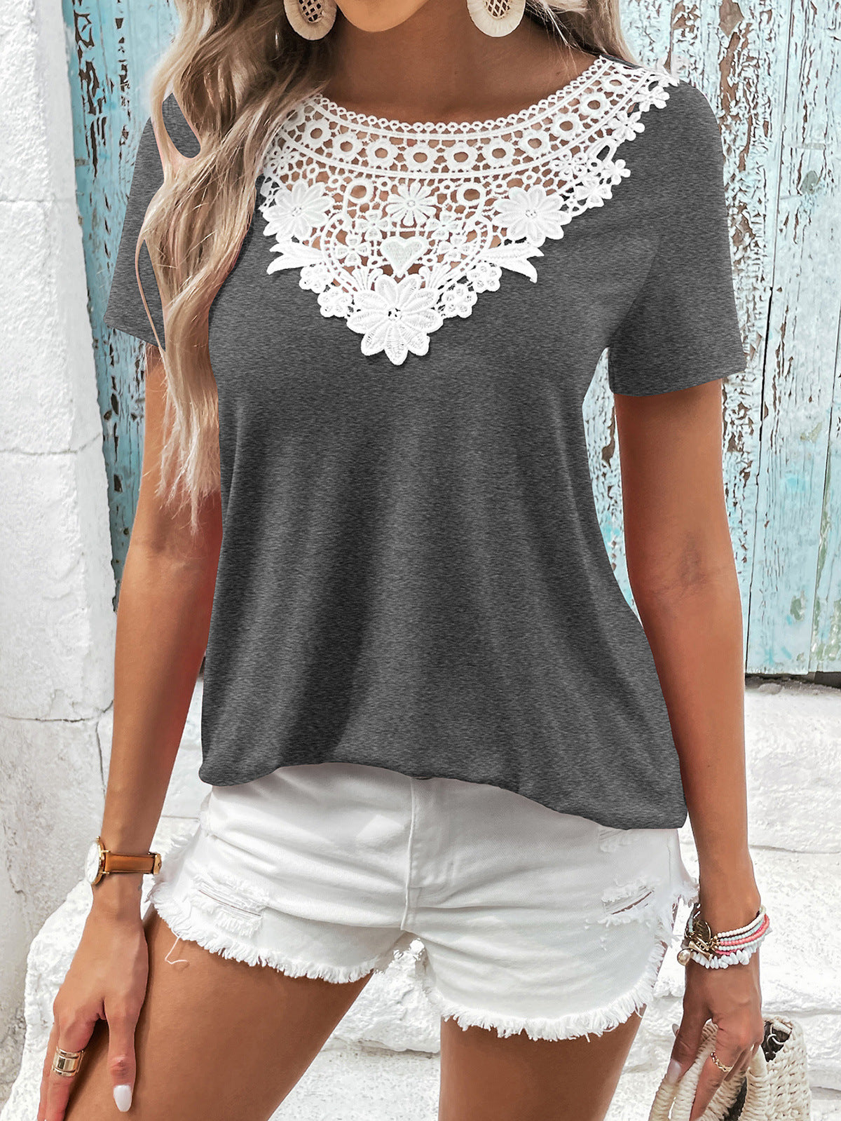 Ivy Lane Spliced Lace Contrast Short Sleeve Top in Dark Gray