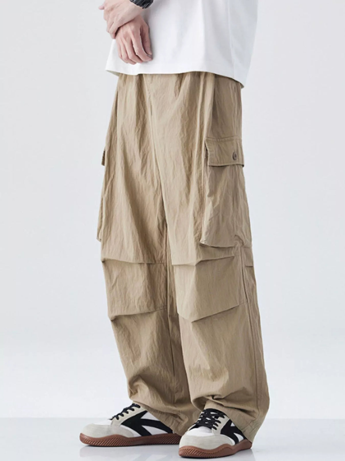 Men's Drawstring Wide Leg Cargo Pants in Khaki
