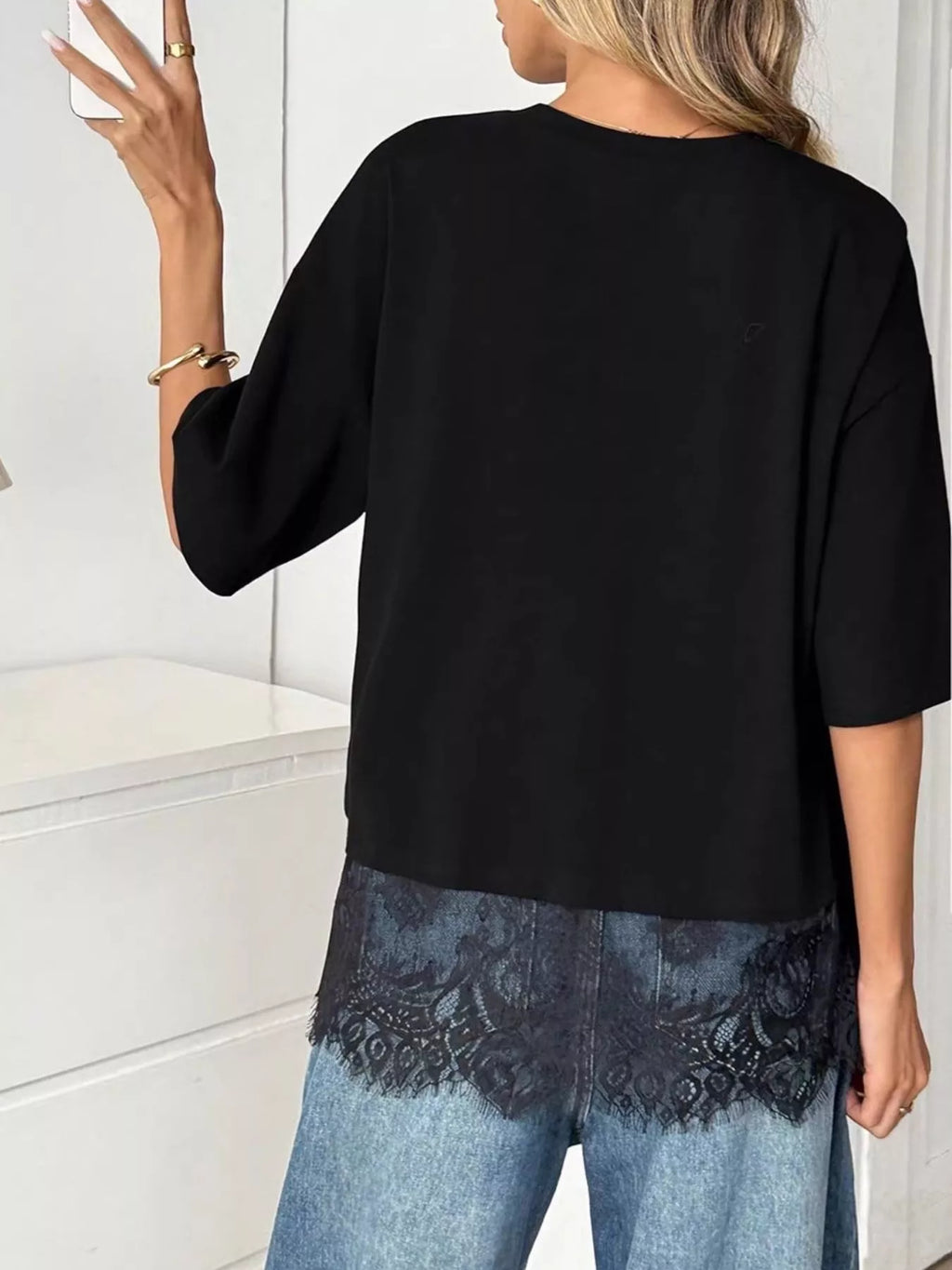 Lace Hem Round Neck T-Shirt, view 3