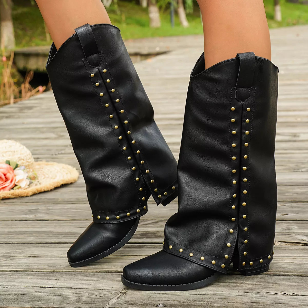 Western Studded Mid-Calf Boots in Black