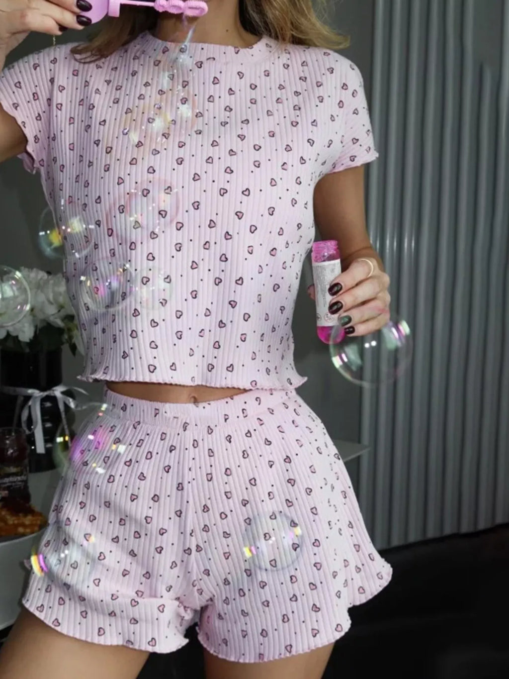 Heart Print Ribbed Knit Top and Shorts Lounge Set - Lilixa.store