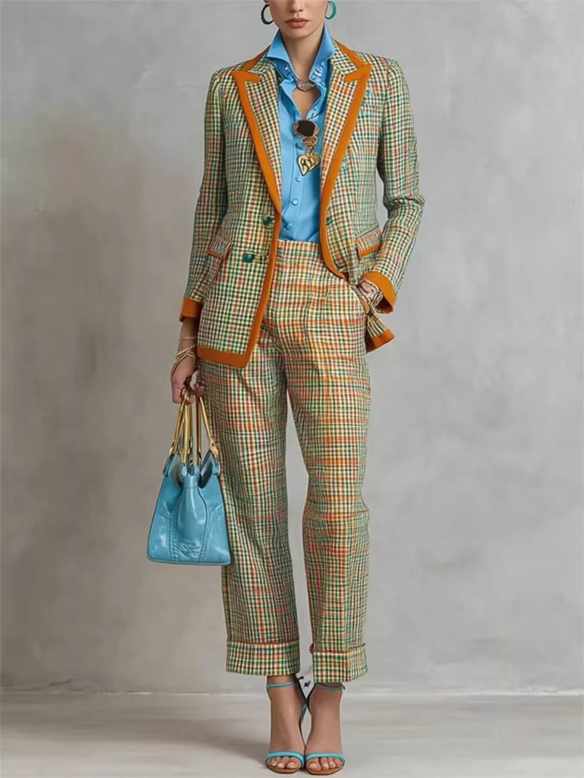 Plaid Blazer and Pants Suit Set