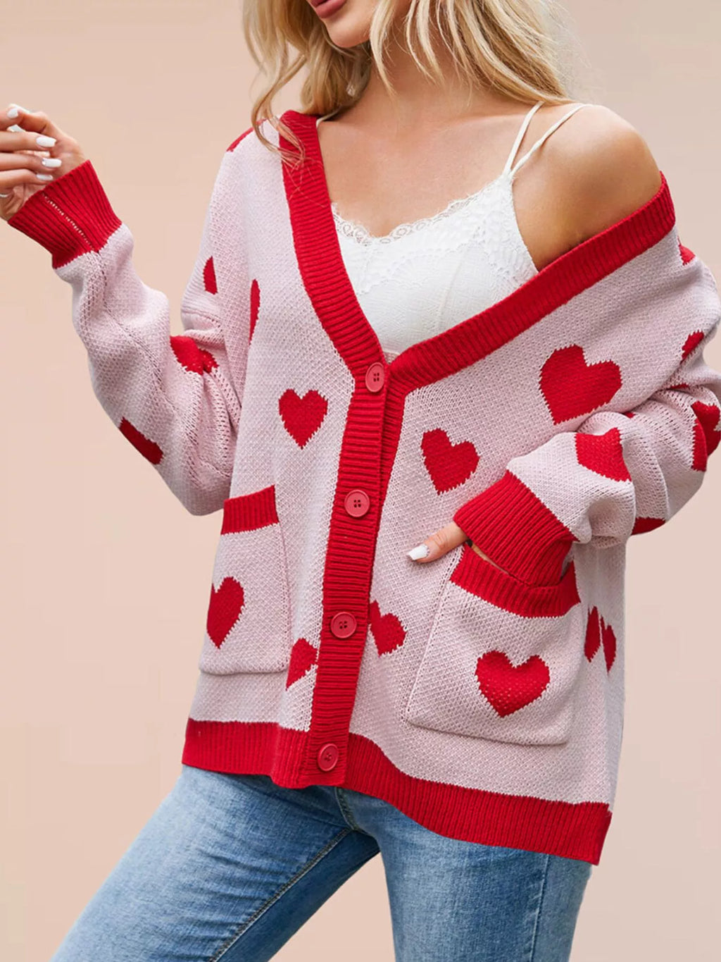 Heart Pattern V-Neck Button-Down Knit Cardigan - Lilixa.store