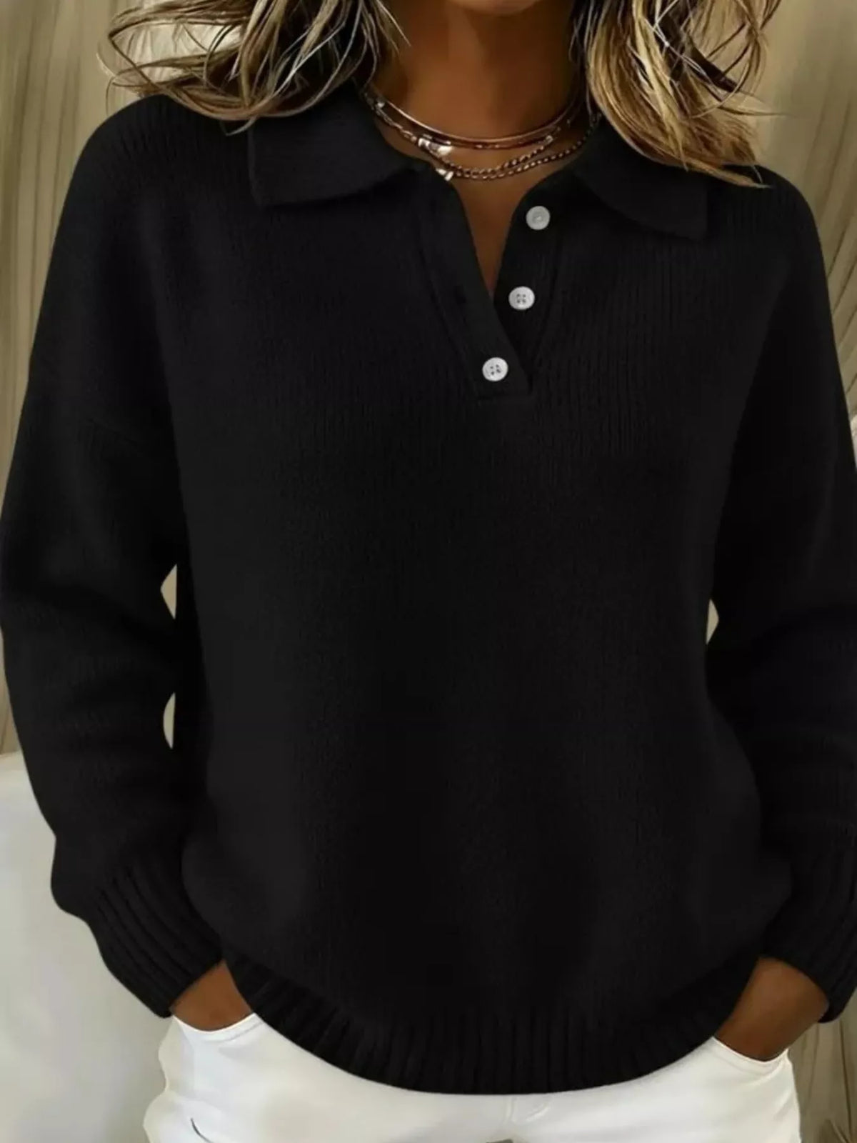 Full Size Button Detail Dropped Shoulder Sweater Plus Size