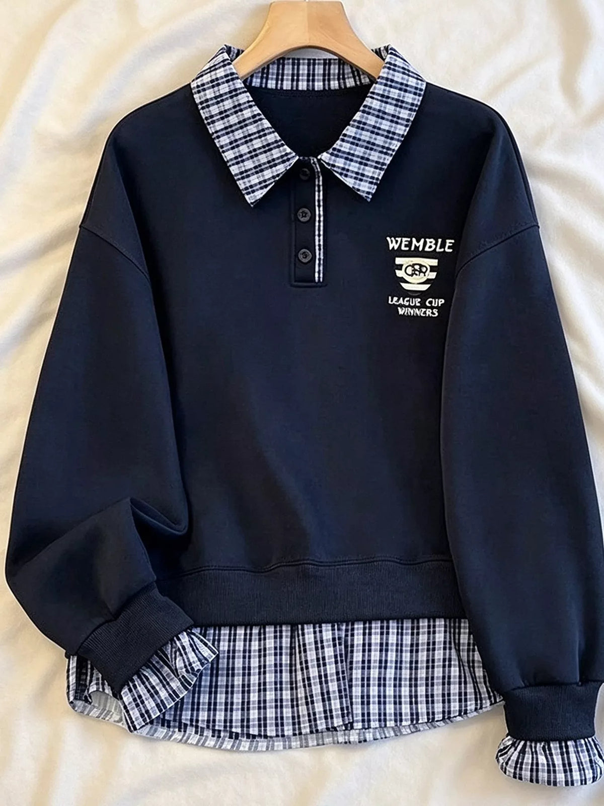 Plaid Collared Faux-Layered Hem Sweatshirt - Lilixa.store