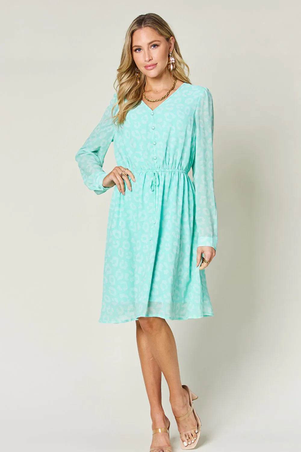 Double Take Full Size Printed Ruched V-Neck Long Sleeve Dress - Lilixa.store