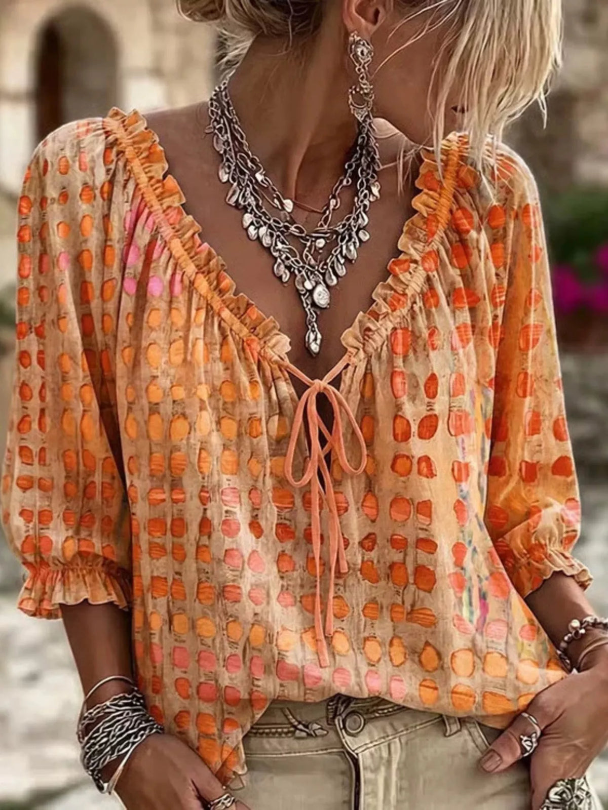 Full Size Tie Neck 3/4 Sleeve Blouse Plus Size - Lilixa.store