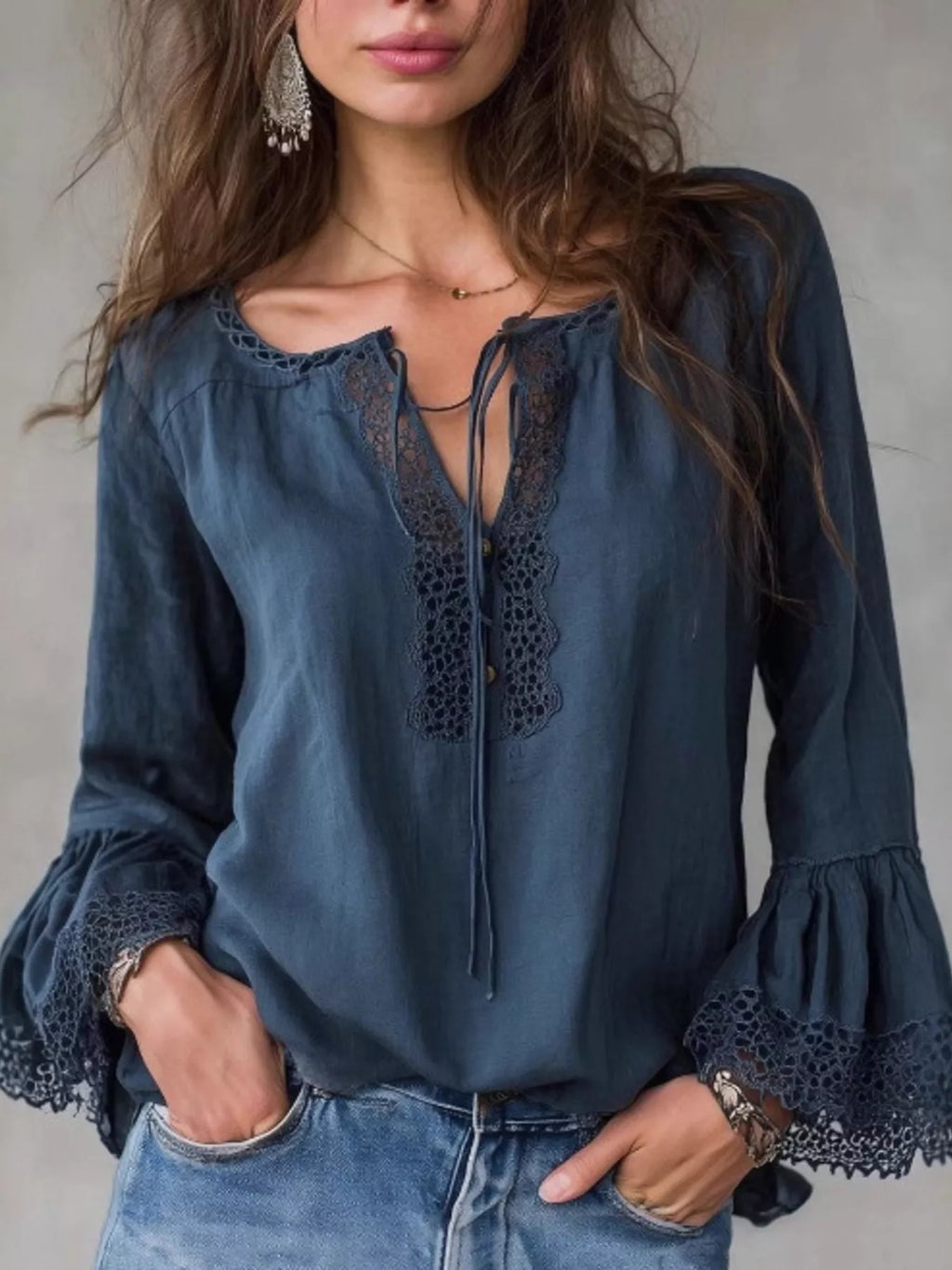 Full Size Tie Neck Flounce Sleeve Blouse Plus Size - Lilixa.store
